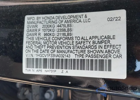 2022 Honda Accord Sport z USA, uszkodzony, nr VIN 1HGCV1F33NA032143